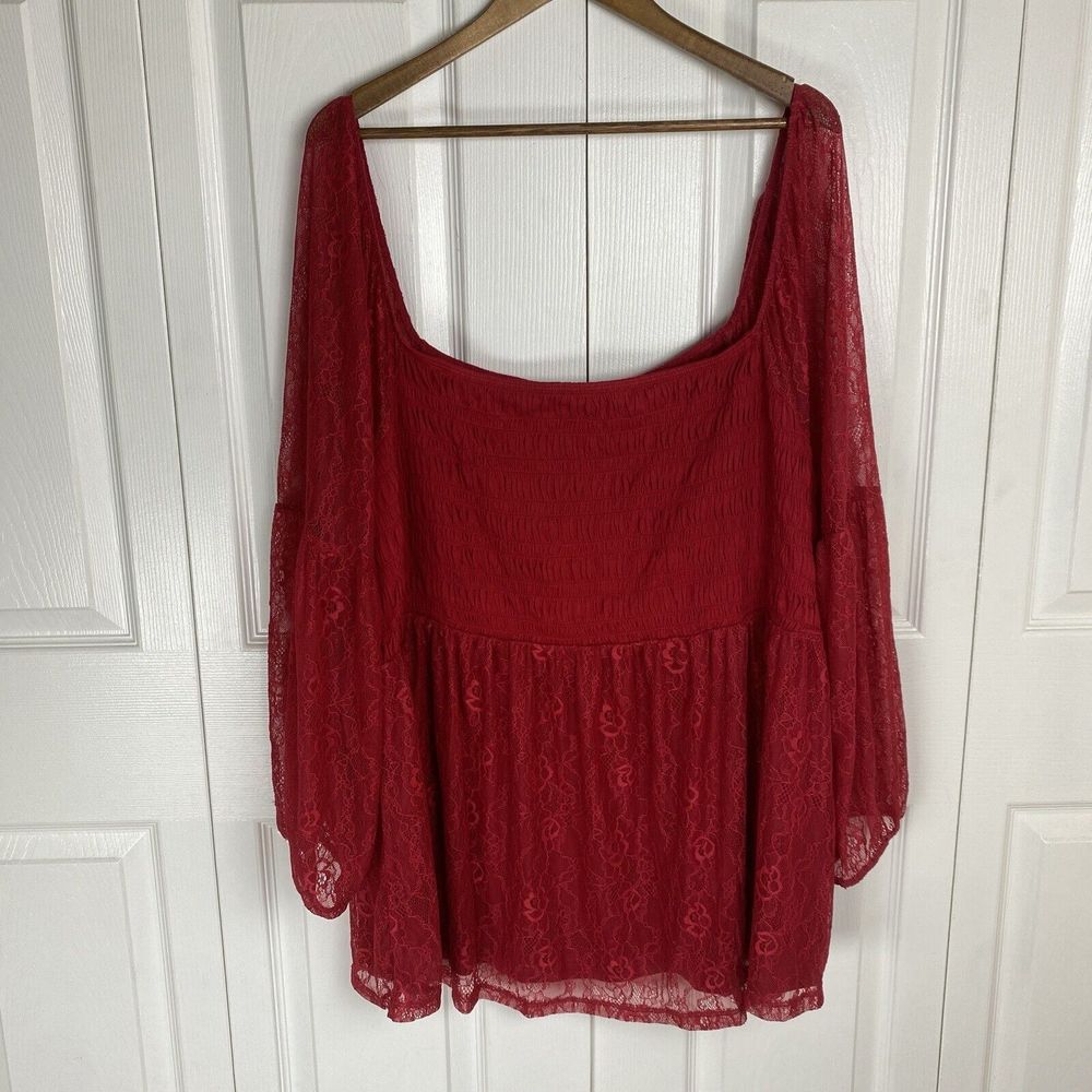 Torrid 5X Top Blouse Red Lace Smocked Babydoll Long Sleeve Floral Boho Bohemian